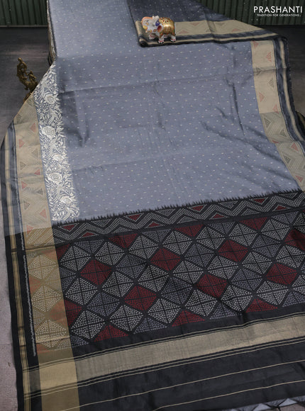 Semi dupion saree grey and black with allover thread & zari woven buttas and parsi embroidery work zari woven border