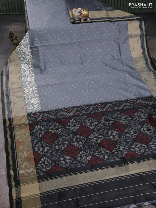 Semi dupion saree grey and black with allover thread & zari woven buttas and parsi embroidery work zari woven border