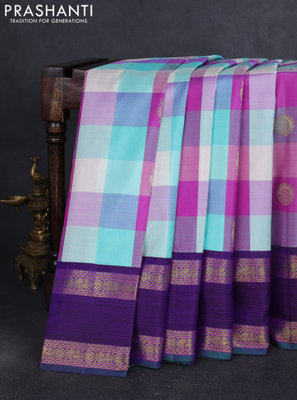 Pure kanchipuram silk saree multi colour and violet with allover paalum pazhamum checks & zari buttas and rich zari woven border