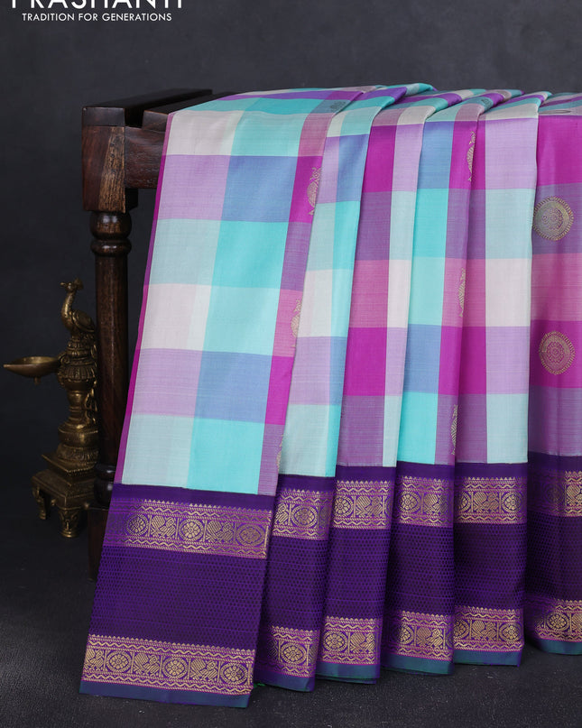 Pure kanchipuram silk saree multi colour and violet with allover paalum pazhamum checks & zari buttas and rich zari woven border