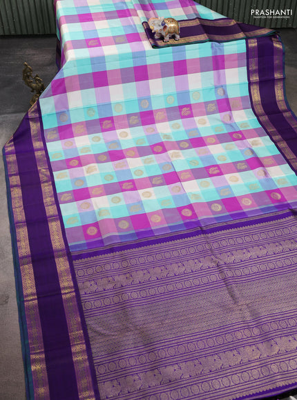 Pure kanchipuram silk saree multi colour and violet with allover paalum pazhamum checks & zari buttas and rich zari woven border
