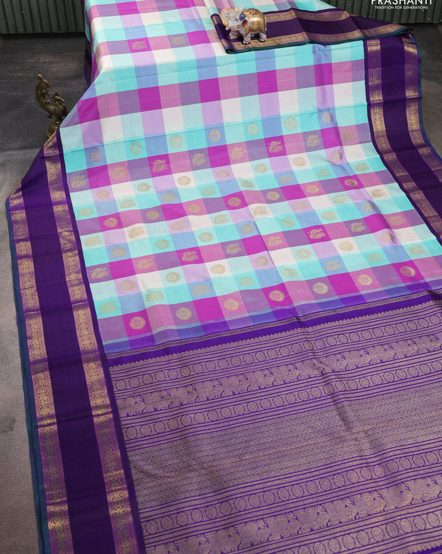 Pure kanchipuram silk saree multi colour and violet with allover paalum pazhamum checks & zari buttas and rich zari woven border