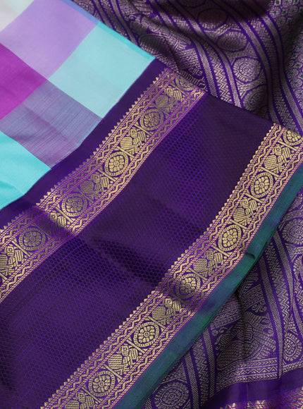 Pure kanchipuram silk saree multi colour and violet with allover paalum pazhamum checks & zari buttas and rich zari woven border