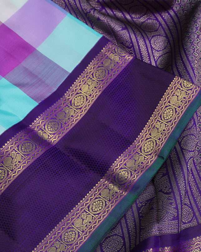 Pure kanchipuram silk saree multi colour and violet with allover paalum pazhamum checks & zari buttas and rich zari woven border