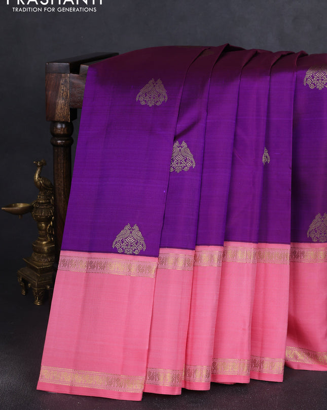Pure kanchipuram silk saree purple and peach pink with zari woven buttas and long rettapet zari woven korvai border