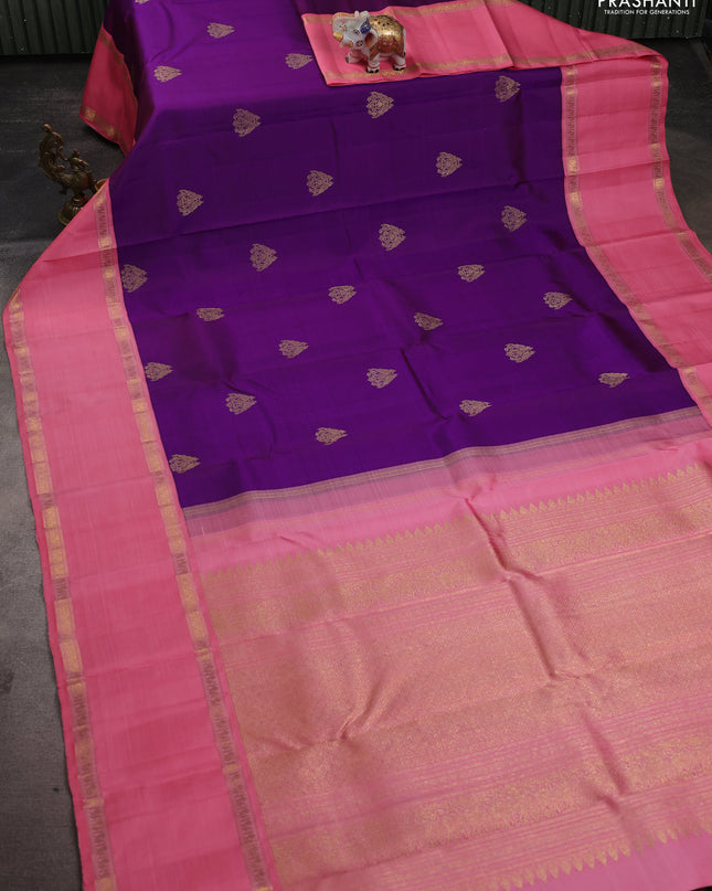 Pure kanchipuram silk saree purple and peach pink with zari woven buttas and long rettapet zari woven korvai border