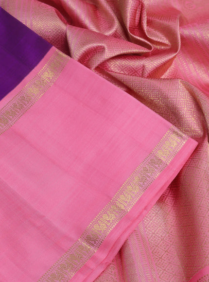Pure kanchipuram silk saree purple and peach pink with zari woven buttas and long rettapet zari woven korvai border