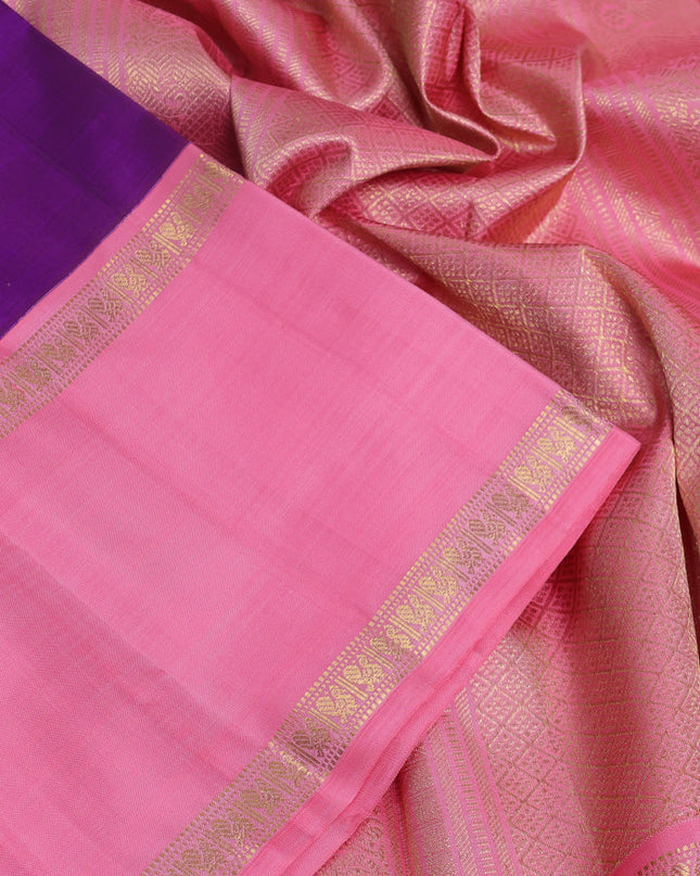 Pure kanchipuram silk saree purple and peach pink with zari woven buttas and long rettapet zari woven korvai border