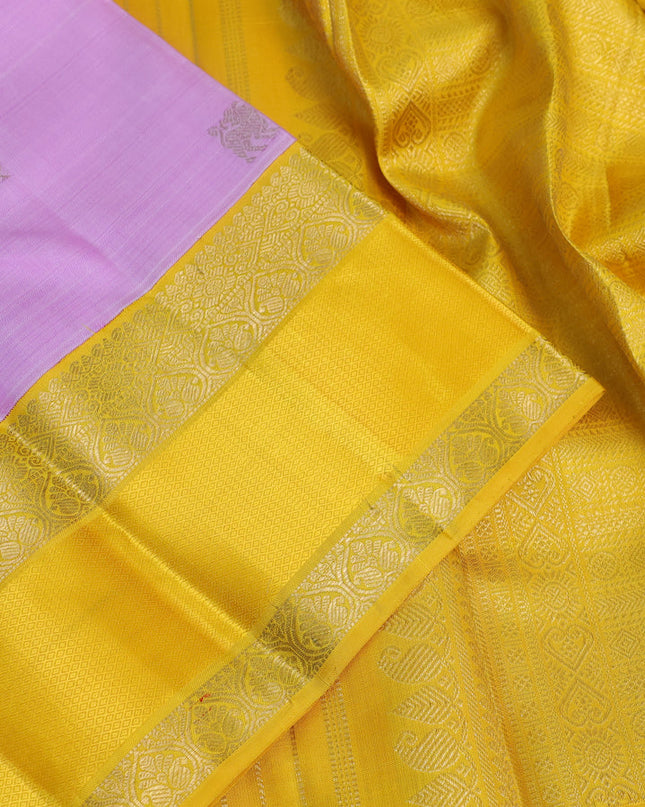 Pure kanchipuram silk saree mild lavender and yellow with zari woven buttas and rich zari woven korvai border