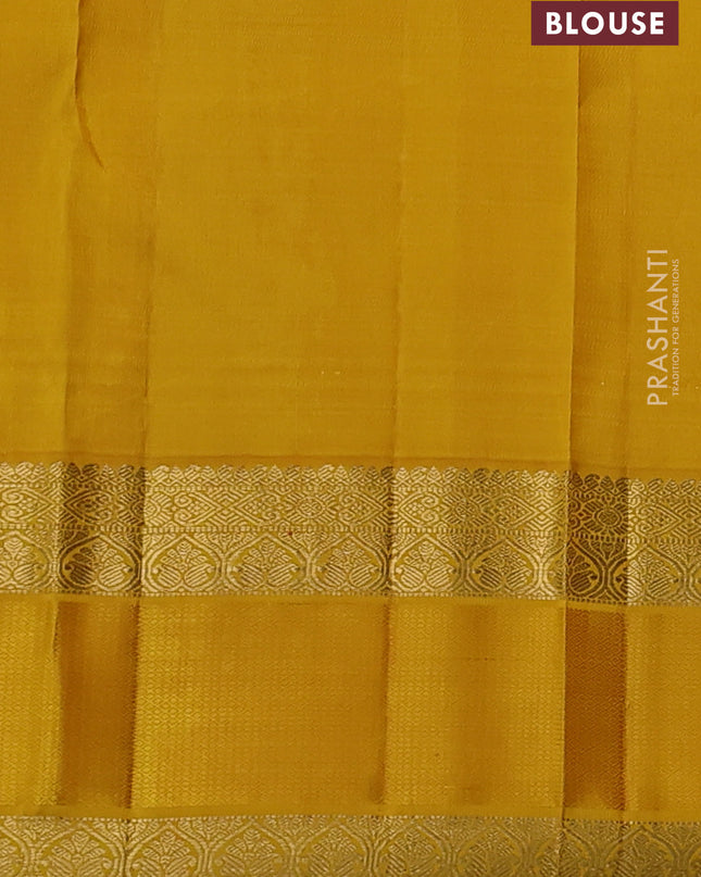 Pure kanchipuram silk saree mild lavender and yellow with zari woven buttas and rich zari woven korvai border