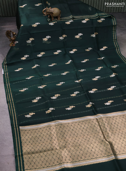 Banarasi organza silk saree bottle green with allover zari woven buttas and zari woven border