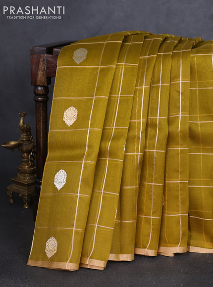 Banarasi organza silk saree mustard green with allover zari checks & buttas and zari woven border