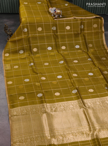 Banarasi organza silk saree mustard green with allover zari checks & buttas and zari woven border