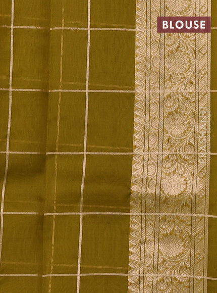 Banarasi organza silk saree mustard green with allover zari checks & buttas and zari woven border