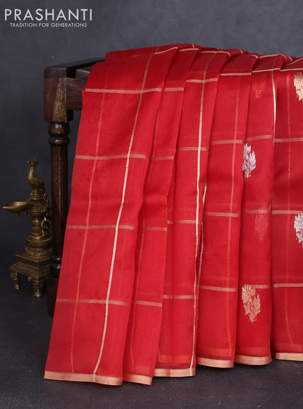 Banarasi organza silk saree red with allover zari checks & buttas and zari woven border