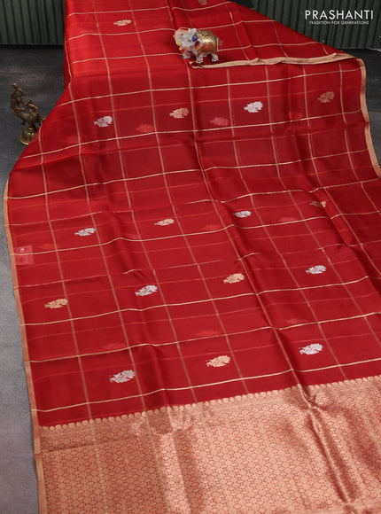 Banarasi organza silk saree red with allover zari checks & buttas and zari woven border