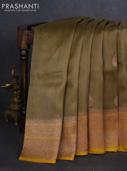 Banarasi organza silk saree mehendi green and yellow with allover thread & zari woven buttas and thread & zari woven border