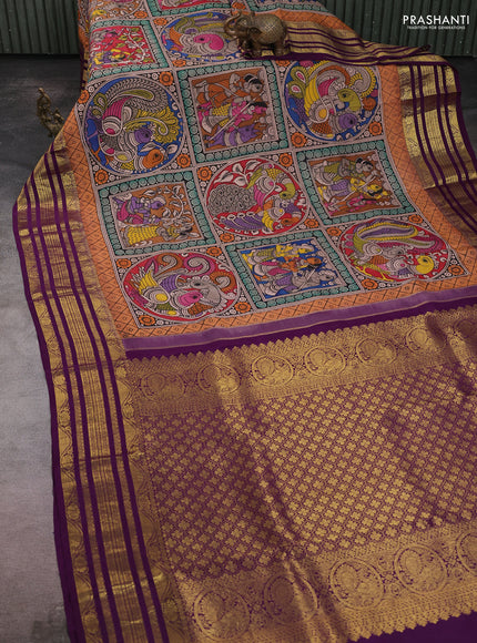 Pure kanchipuram silk saree peach orange and purple with allover penkalamkari prints and rich zari woven border