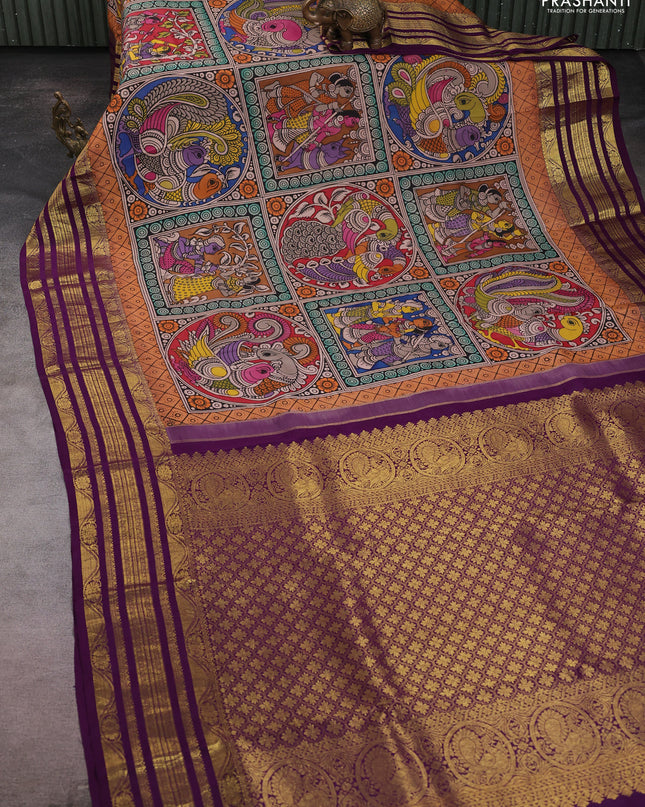 Pure kanchipuram silk saree peach orange and purple with allover penkalamkari prints and rich zari woven border