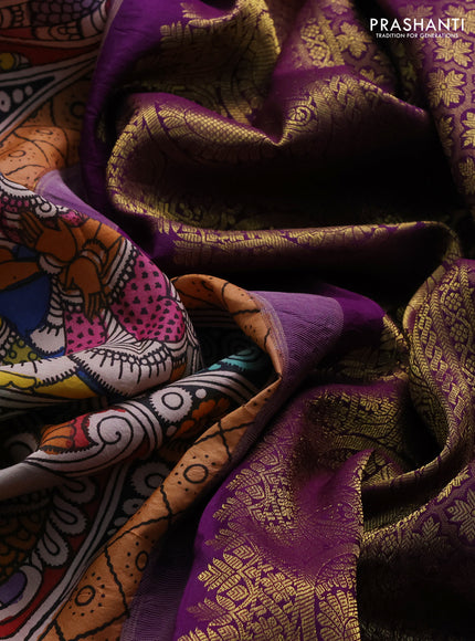 Pure kanchipuram silk saree peach orange and purple with allover penkalamkari prints and rich zari woven border