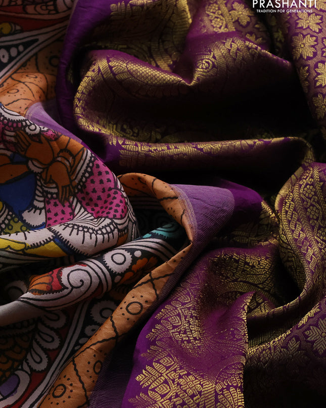 Pure kanchipuram silk saree peach orange and purple with allover penkalamkari prints and rich zari woven border