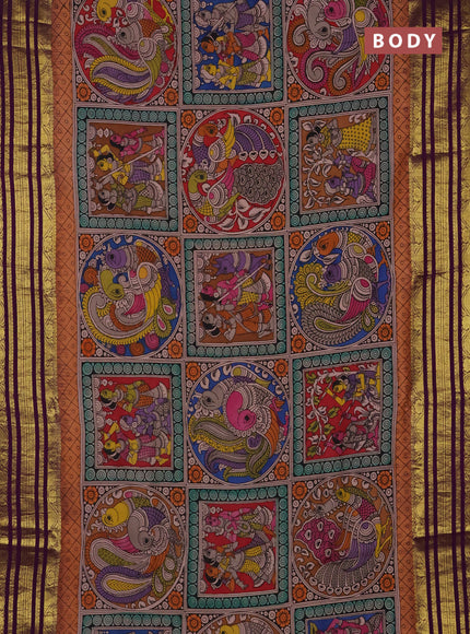 Pure kanchipuram silk saree peach orange and purple with allover penkalamkari prints and rich zari woven border
