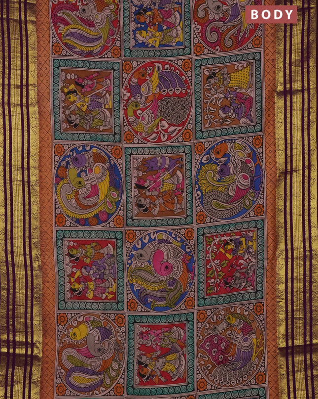 Pure kanchipuram silk saree peach orange and purple with allover penkalamkari prints and rich zari woven border