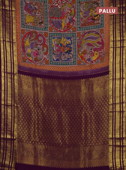 Pure kanchipuram silk saree peach orange and purple with allover penkalamkari prints and rich zari woven border