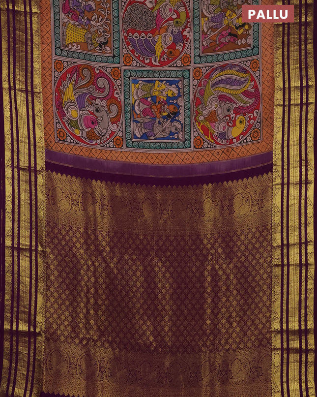 Pure kanchipuram silk saree peach orange and purple with allover penkalamkari prints and rich zari woven border