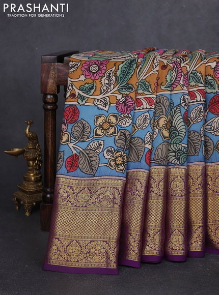 Pure kanchipuram silk saree peach pink and purple with allover penkalamkari prints and long rich zari woven border