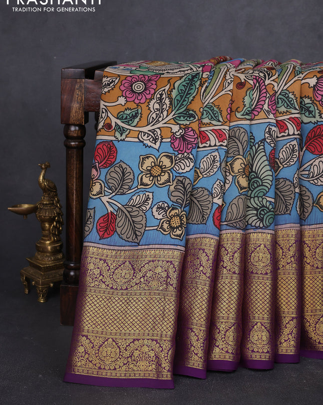 Pure kanchipuram silk saree peach pink and purple with allover penkalamkari prints and long rich zari woven border