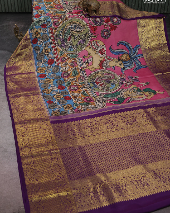 Pure kanchipuram silk saree peach pink and purple with allover penkalamkari prints and long rich zari woven border