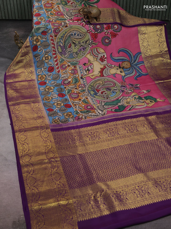 Pure kanchipuram silk saree peach pink and purple with allover penkalamkari prints and long rich zari woven border
