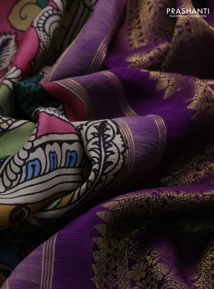 Pure kanchipuram silk saree peach pink and purple with allover penkalamkari prints and long rich zari woven border
