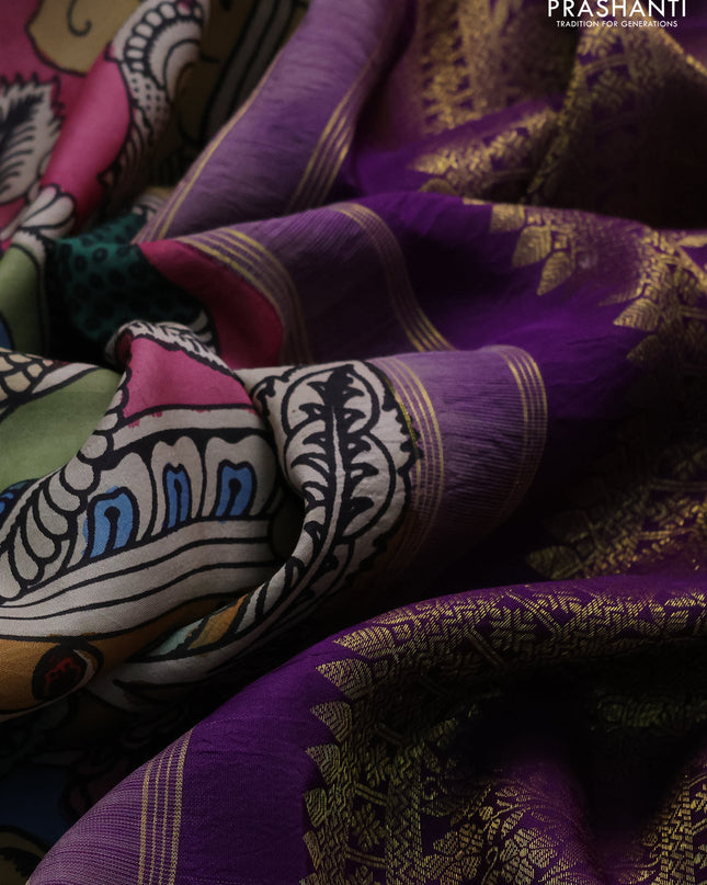 Pure kanchipuram silk saree peach pink and purple with allover penkalamkari prints and long rich zari woven border