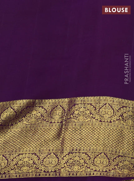 Pure kanchipuram silk saree peach pink and purple with allover penkalamkari prints and long rich zari woven border