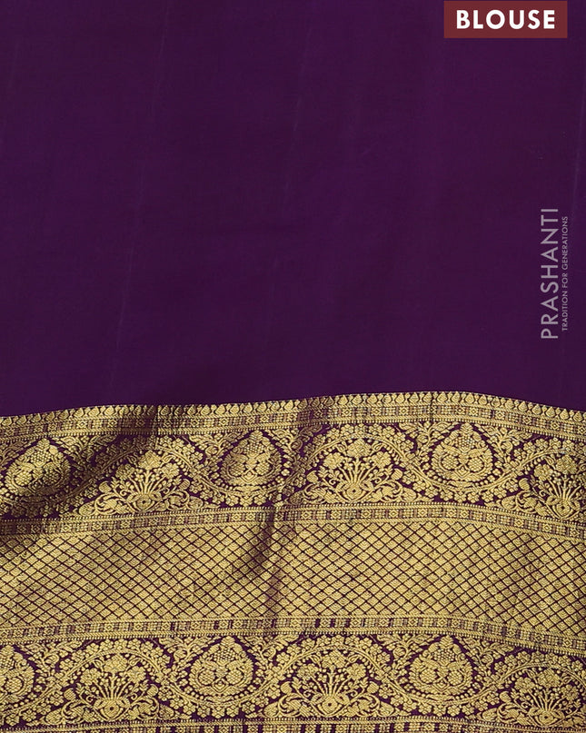 Pure kanchipuram silk saree peach pink and purple with allover penkalamkari prints and long rich zari woven border