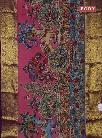 Pure kanchipuram silk saree peach pink and purple with allover penkalamkari prints and long rich zari woven border