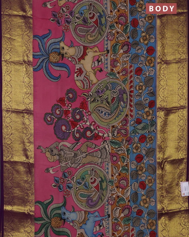 Pure kanchipuram silk saree peach pink and purple with allover penkalamkari prints and long rich zari woven border