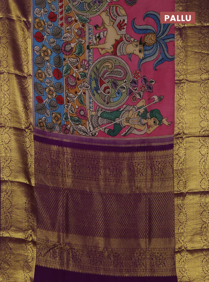 Pure kanchipuram silk saree peach pink and purple with allover penkalamkari prints and long rich zari woven border