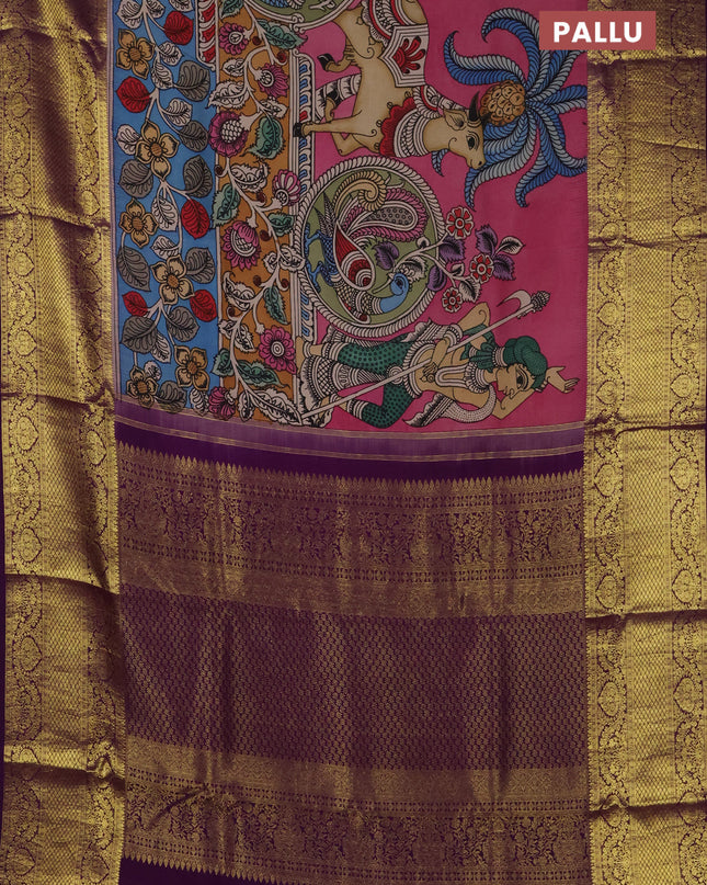 Pure kanchipuram silk saree peach pink and purple with allover penkalamkari prints and long rich zari woven border