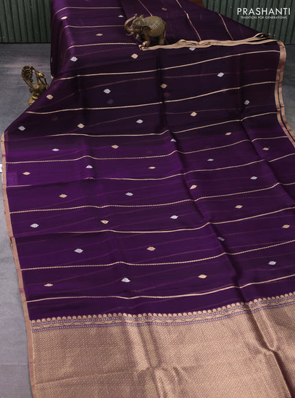 Banarasi organza silk saree purple with allover zari stripes pattern & butas and zari woven border