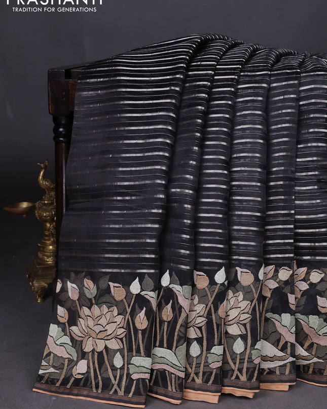Pure organza silk saree black with allover silver zari weaves and floral embroidery border