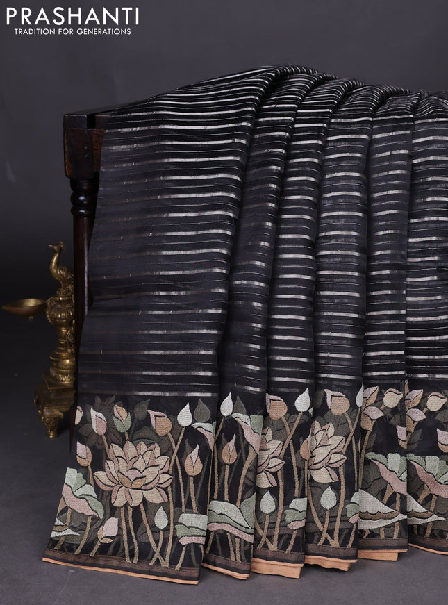 Pure organza silk saree black with allover silver zari weaves and floral embroidery border