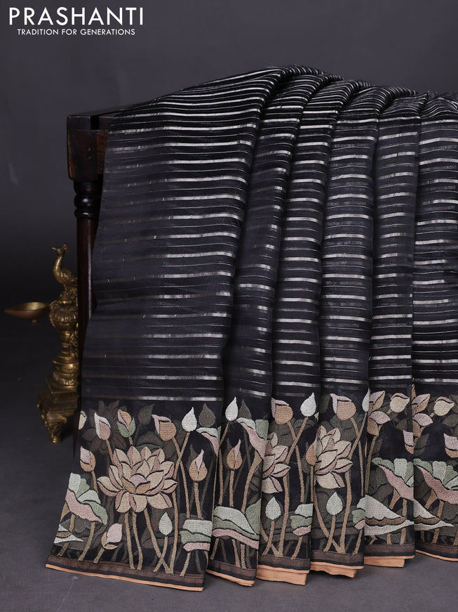 Pure organza silk saree black with allover silver zari weaves and floral embroidery border
