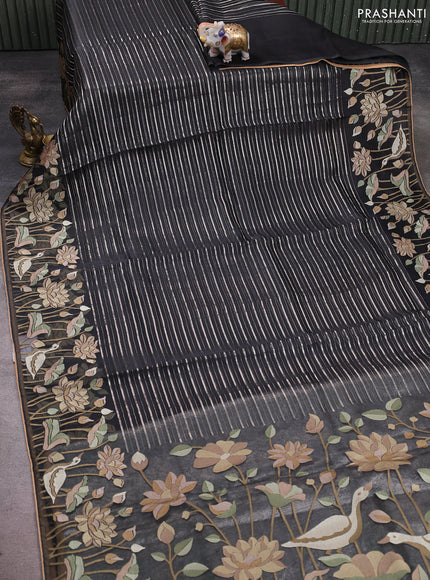 Pure organza silk saree black with allover silver zari weaves and floral embroidery border