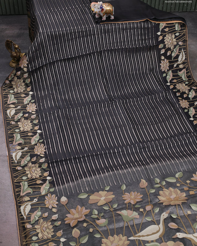 Pure organza silk saree black with allover silver zari weaves and floral embroidery border