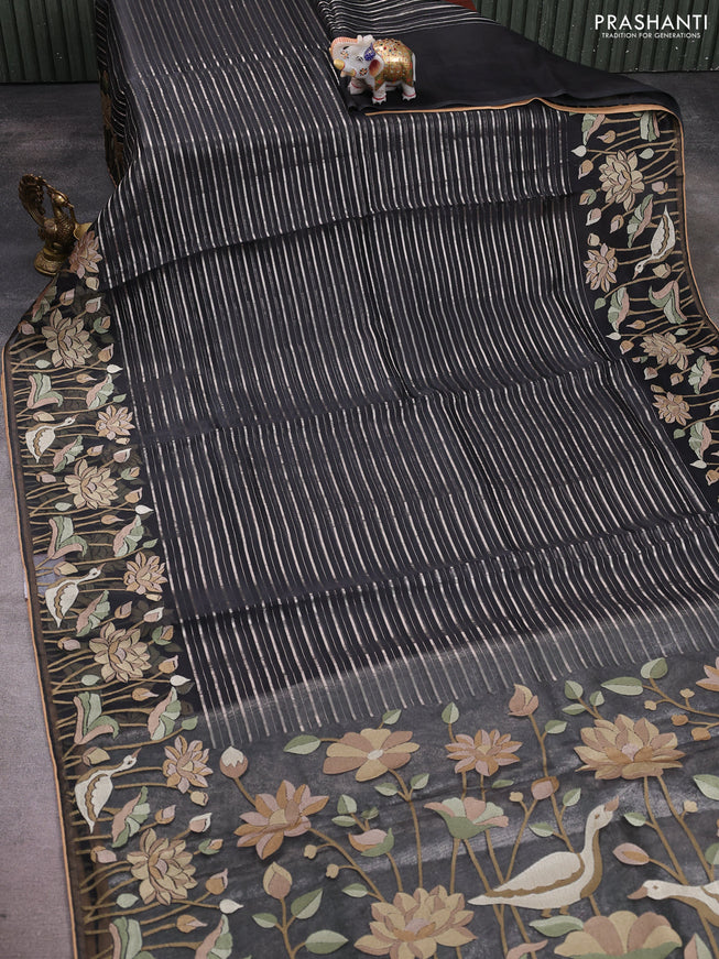 Pure organza silk saree black with allover silver zari weaves and floral embroidery border