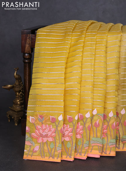 Pure organza silk saree yellow and peach shade with allover silver zari weaves and floral embroidery border
