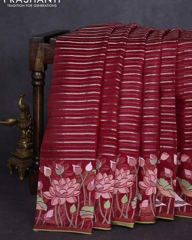 Pure organza silk saree maroon with allover silver zari weaves and floral embroidery border
